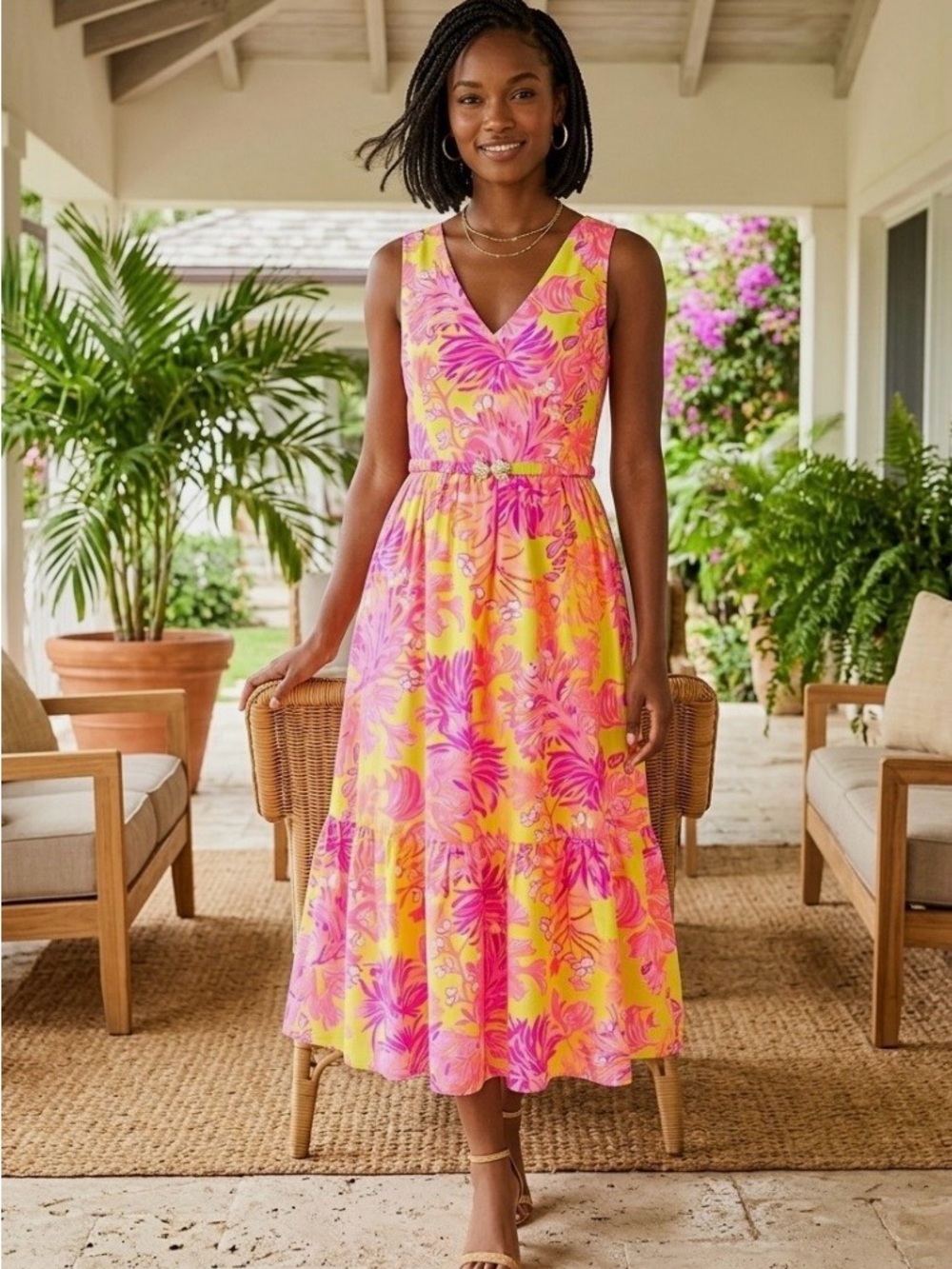 Lilly Pulitzer Bri Pink & Yellow Floral V-Neck Cotton Midi Dress Size 10